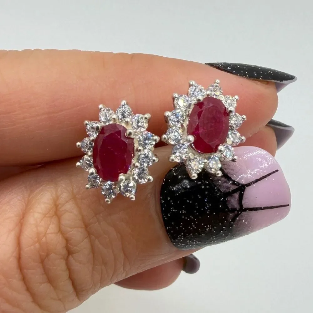 NWOT 5x7mm oval cut RUBIES w/ halo of cz‎ diamond stud earrings in 925!